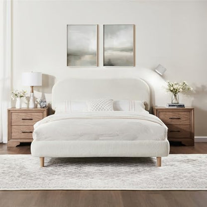 FLEXISPOT Queen Size Boucle Bed Frame with Charging Station&Light, White, view 2