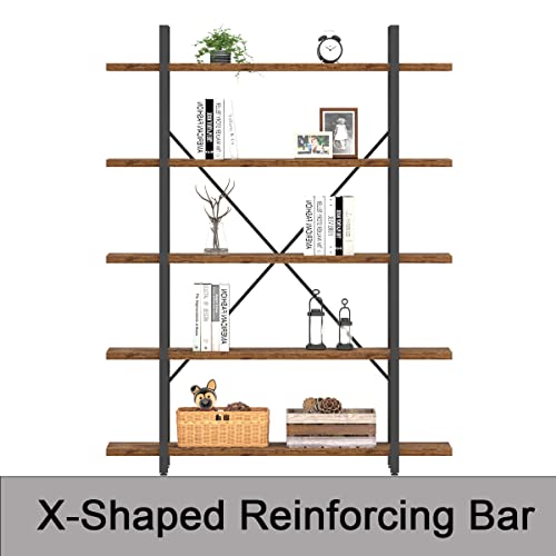 Rustic Bookcases and Book Shelves 5 Shelf, Metal Wood 5 Tier Bookshelf and Storage Book Rack, Vintage Large Book Shelf for Bedroom Living Room Office,Open Vertical Display Etagere Book Case, Brown