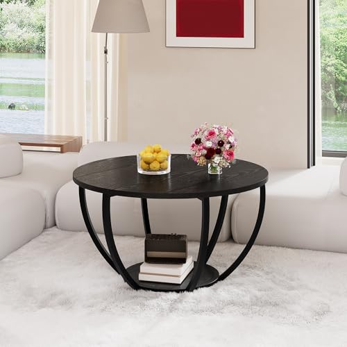 Round Coffee Table,Wooden 2-Tier Circle Coffee Tables with Storage Shelves,Accent Center Table for Living Room, Sofa Table for Home Office, Black