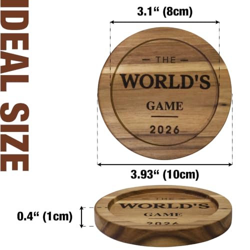 Acacia Wood Coasters Set of 6 with Metal Holder, Laser Engraved The World's Game 2026 Design, Absorbent Wooden Drink Coasters, 3.9" Round, Housewarming Gift