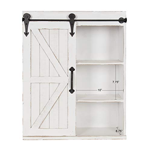 Cates Modern Farmhouse Decorative Wood Wall Storage Shelving Cabinet with Sliding Barn Door, Rustic White