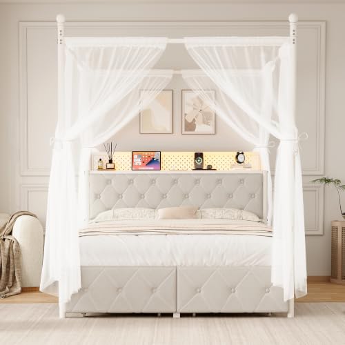 Queen Size Canopy Bed Frame with Charging Station and LED Lights, view 4
