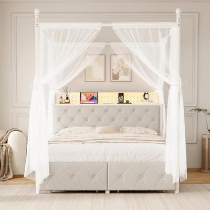 Queen Size Canopy Bed Frame with Charging Station and LED Lights, view 4