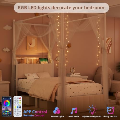 Twin Size Upholstered RGB LED Canopy Bed Frame with Storage, White, view 4