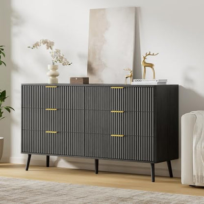 Fluted Dresser and Nightstand Sets 3 Piece, 6-Drawers Dresser and 1-Drawer Nightstands Set of 2, Wood Bedroom Furniture Set for Home, Bedroom, Hallway, Black