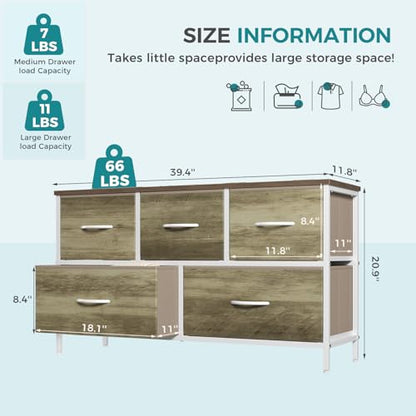 Dresser for Bedroom with 5 Drawers, Wide Chest of Drawers, Fabric Bedroom Dresser with Drawer Organizer, Storage Organizer Unit with Fabric Bins for Closet, Living Room, Hallway, Greige Oak