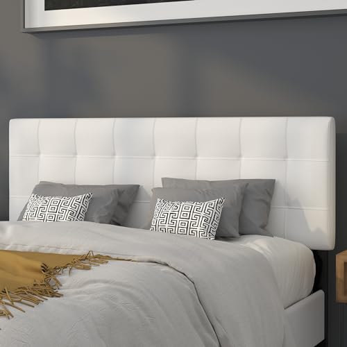 Quilted Tufted Upholstered Queen Size Headboard in White Fabric