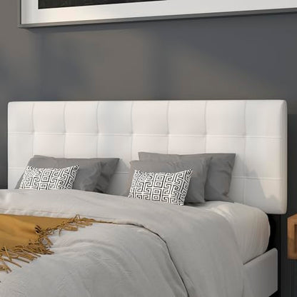 Quilted Tufted Upholstered Queen Size Headboard in White Fabric
