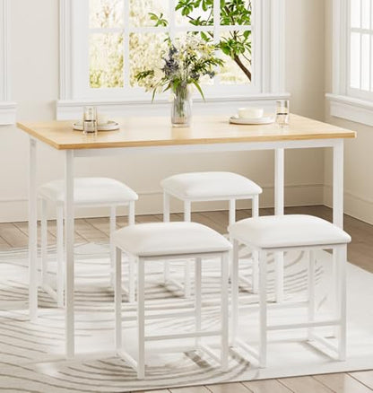 Kitchen Table and Chairs for 4, Dining Room Set with PU Chairs/Stools, Heavy-Duty Metal Frame, Wooden Tabletop, Space-Saving Design for Small Spaces, Easy Assembly, Oak