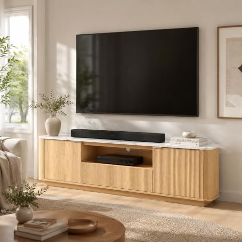 70" Mid-Century Modern Fluted TV Stand, 2 Drawer, Cabinet, Oak, view 2
