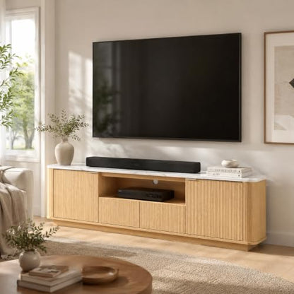 70" Mid-Century Modern Fluted TV Stand, 2 Drawer, Cabinet, Oak, view 2