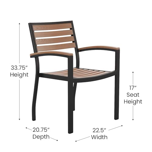 Stackable Aluminum Patio Chair - All-Weather Black Framed Side Chair with Faux Teak Slats - Commercial Grade - Set of 4