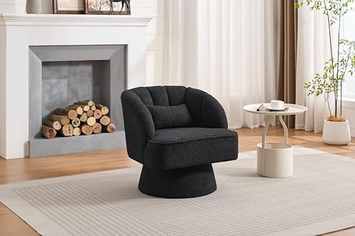 Modern Swivel Teddy Fabric Armchair with Striped Backrest and Plush Padding in Black, view 7