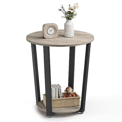 VASAGLE Round Side End Table, 2-Tier Accent Bedside Table with Storage Shelf, Easy Assembly, Nightstand for Small Spaces, Living Room, Bedroom, Heather Greige and Ink Black ULET057B02