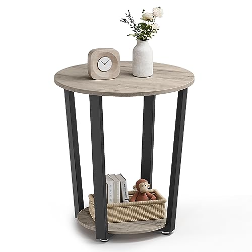 VASAGLE Round Side End Table, 2-Tier Accent Bedside Table with Storage Shelf, Easy Assembly, Nightstand for Small Spaces, Living Room, Bedroom, Heather Greige and Ink Black ULET057B02