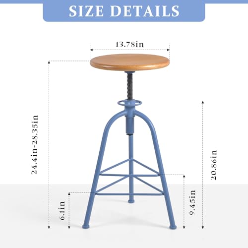 Bar Stools, Set of 2 Solid Wood Metal Breakfast Stools, 24"-28.35" Barstools for Dining Room Kitchen Home Counter Bar Height Adjustable Swivel Round Seat 3 Legs, Blue & Oak