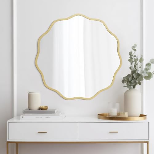 Round Wavy Mirror for Wall Decorative 24 inch, Modern Round Mirror Aluminum Frame for Bathroom Bedroom Living Room Home House Office Entryway, Gold