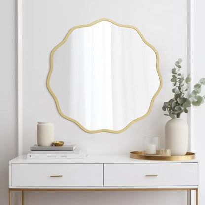 Round Wavy Mirror for Wall Decorative 24 inch, Modern Round Mirror Aluminum Frame for Bathroom Bedroom Living Room Home House Office Entryway, Gold