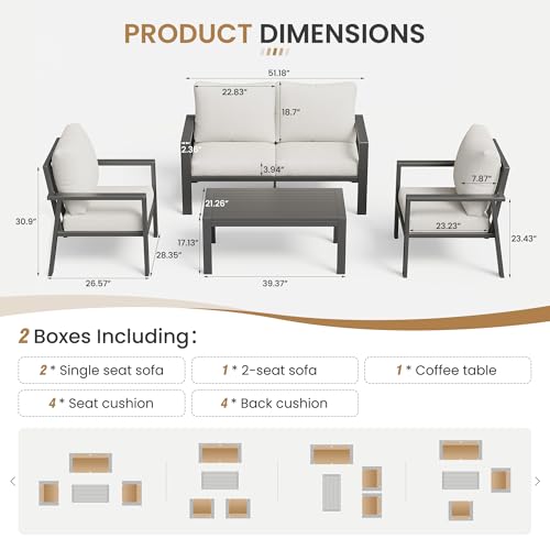 Aluminum Patio Furniture Sets Metal Outdoor Furniture Set with Cushion All-Weather Sectional Sofa with Coffee Table for for Backyard, Garden and Poolside Easy Assembly(Beige)