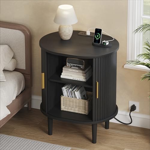 Mid Century Modern Nightstand Set of 2 with Charging Station, Fluted Accent Side Table with Sliding Door & Adjustable Shelf, End Table for Small Space, Living Room, Bedroom,Sofa Couch, Black