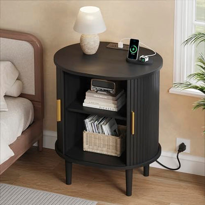Mid Century Modern Nightstand Set of 2 with Charging Station, Fluted Accent Side Table with Sliding Door & Adjustable Shelf, End Table for Small Space, Living Room, Bedroom,Sofa Couch, Black