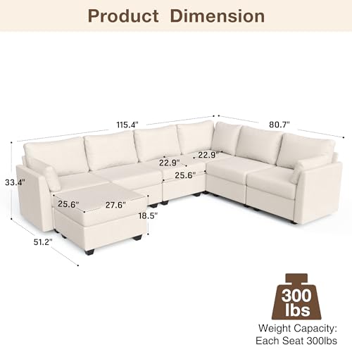 Modular Sectional Sofa Couches, Large Convertible Modular Couches with Storage, 7-Seater Sectional Sofa for Living Room, U Shaped Sectional Couch Sleeper Sofa with Chaise (Beige, 7 Seats)