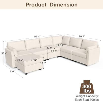 Modular Sectional Sofa Couches, Large Convertible Modular Couches with Storage, 7-Seater Sectional Sofa for Living Room, U Shaped Sectional Couch Sleeper Sofa with Chaise (Beige, 7 Seats)