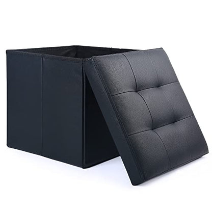 Storage Ottoman, Foldable Foot Rest Stool, 13x12x12 Inches Small Leather Bench with Storage, Holds up to 260 lb, for Living Room, Bedroom, Dorm, Black