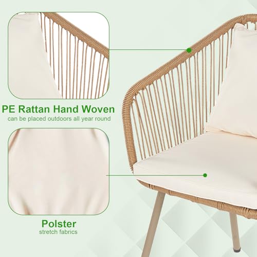 3-Piece Outdoor Furniture Modern Patio Bistro Set Rattan Conversation Set Wicker Patio Furniture Set with 2 Chairs Coffee Table Cushions Lumbar Pillows for Patio Outdoor Backyard Porch, White