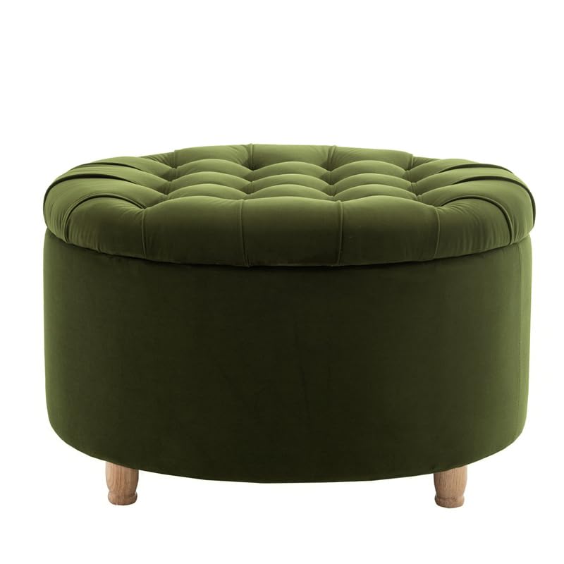 Niche Knight 28-Inch Large Round Pintucked Storage Ottoman with Lift-Off Lid, Tufted Upholstered Accent Footrest for Living Room, Bedroom, Entryway, Hidden Storage – Emerald Green