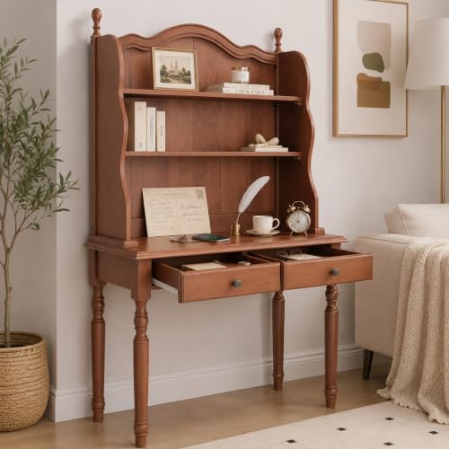 Vintage Desk with Hutch,Drawers & Shelves,Computer Desk with Storage,Walnut, view 4