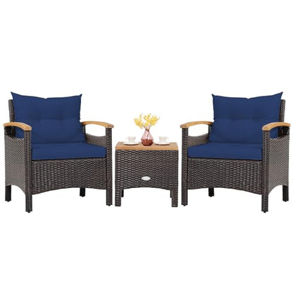 3-Piece Patio Furniture Set, Patiojoy Outdoor Rattan Sofa Set with Coffee Table, Patio Conversation Set with Removable Cushion, Cozy Acacia Wood Armrests for Backyard, Poolside (Navy)
