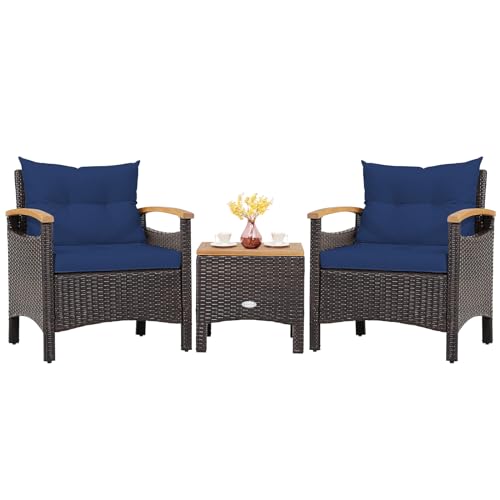 3-Piece Patio Furniture Set, Patiojoy Outdoor Rattan Sofa Set with Coffee Table, Patio Conversation Set with Removable Cushion, Cozy Acacia Wood Armrests for Backyard, Poolside (Navy)