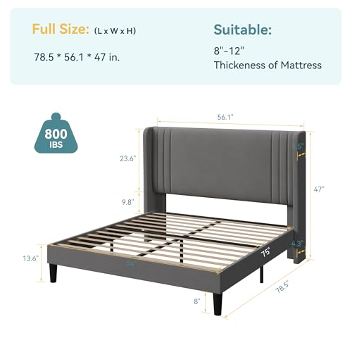 Full Size Modern Upholstered Velvet Bed Frame with Vertical-Striped Wingback Headboard, Under Storage Space, Noise Free, Easy Assembly, Grey