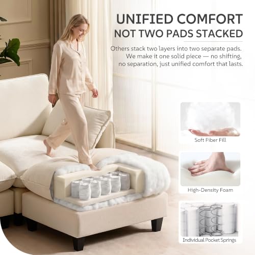 105" Modular Sectional Sofa, L-Shaped Cloud Couch with Oversized Large Cushions & Movable Ottoman, Chenille Deep Seat Couch for Living Room, Beige