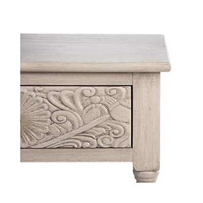 SAFAVIEH Home Collection – Josie Greige Accent Table with Drawer & Shelf, Old World Farmhouse Nightstand, Carved Floral Detail (ACC5706B)