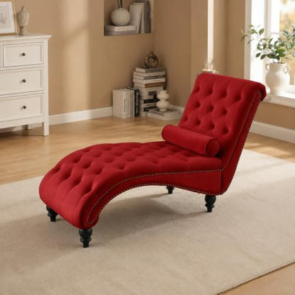 61" Velvet Tufted Chaise Lounge, Upholstered Sofa Chair with Wood Legs Red, view 2
