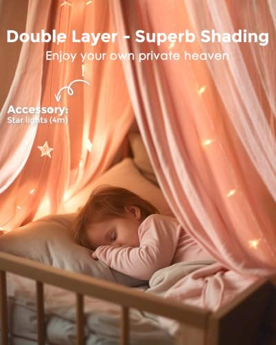 Bed Canopy for Girls with Star Lights, 39.4''x106'', Peach Pink, view 6