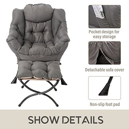 Lazy Chair with Ottoman, Modern Accent Leisure Upholstered Lazy Sofa Armchair, Contemporary Lounge Reading Chair with Armrests and a Side Pocket for Living Room, Bedroom & Small Space, Dark Grey