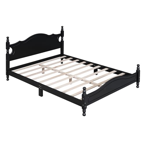 JIVOIT Retro Style Platform Bed with Headboard and Footboard, Queen Size Wood Platform Bed Frame with Wooden Slat Support, Solid Wood Foundation, No Box Spring Required (Black,Queen,5)