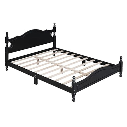 JIVOIT Retro Style Platform Bed with Headboard and Footboard, Queen Size Wood Platform Bed Frame with Wooden Slat Support, Solid Wood Foundation, No Box Spring Required (Black,Queen,5)