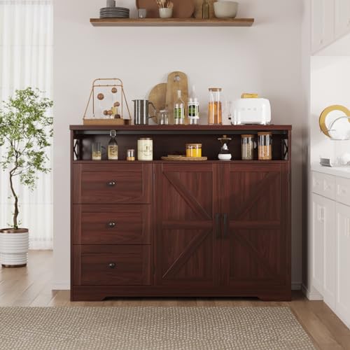 47" Dark Brown Farmhouse Storage Cabinet with Barn Doors and Drawers | Sideboard Buffet Cabinet with Storage, Kitchen Pantry Hutch, Coffee Bar Station Table for Kitchen, Living, Dining Room