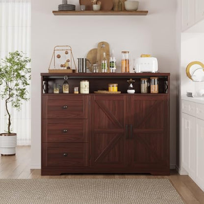 47" Dark Brown Farmhouse Storage Cabinet with Barn Doors and Drawers | Sideboard Buffet Cabinet with Storage, Kitchen Pantry Hutch, Coffee Bar Station Table for Kitchen, Living, Dining Room