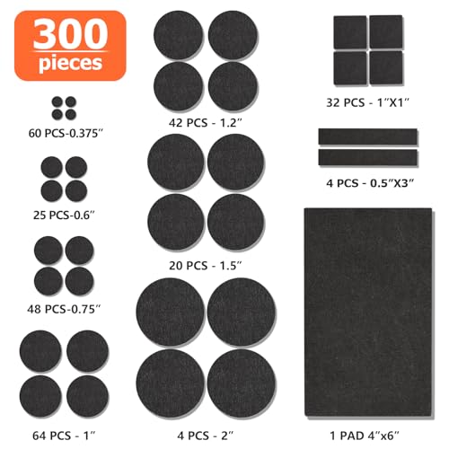 Felt Furniture Pads 300 Pieces, Furniture Pads for Hardwood Floors, Felt Pads for Chair Legs Furniture, Floor Protectors for Furniture Black