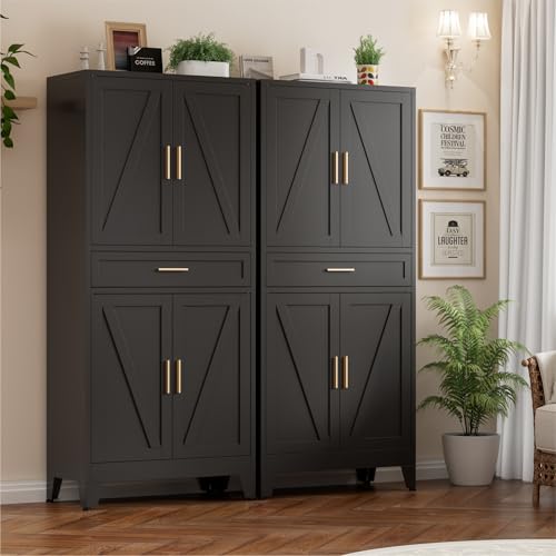 Metal Storage Cabinets with Drawer, 71" Filing Cabinet with 4 Adjustable Shelves & 4 Doors, Modern Abstract Rhombus Geometric Design File Cabinet for Home,Office,Garage,Shop,School, Black