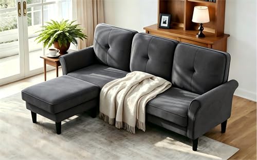 Sectional Couches for Living Room, 83" Velvet Modern 3 Seater Sofa, L Shaped Couch with Ottoman, Small Sectional Couch Sofas for Living Room, Bedroom, Apartment, Office, Grey Sofa