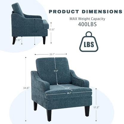 Set of 2 Accent Chair for Living Room,Mid-Century Arm Chair Chenille Fabric Living Room Chairs,Upholstered Reading Chair for Bedroom,Single Sofa Chair with Wood Legs for Apartment (Blue)
