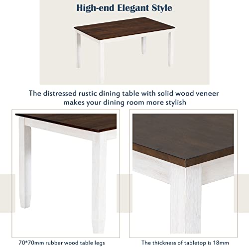 Modern 6 Piece Dining Table Set for 6, Farmhouse Wooden Rectangular Kitchen Table Set with 4 Chairs & a Bench, Kitchen Room Furniture Set (Walnut + Cottage White)