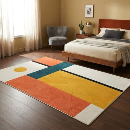 Mustard Yellow Terracotta Teal Bauhaus Color Block Abstract Mid Century Modern Area Rug 2x6 Boho Rug for Living Room Dining Room Bedroom Gustroom Home Office Dorm Apartment Washable Low Pile Carpet