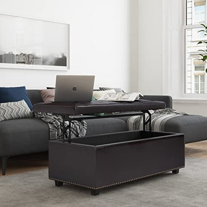 Hamilton 44 inch Wide Traditional Rectangle Lift Top Rectangular Storage Ottoman in Tanners Brown Vegan Faux Leather, Assembled, For the Living Room, Entryway and Family Room
